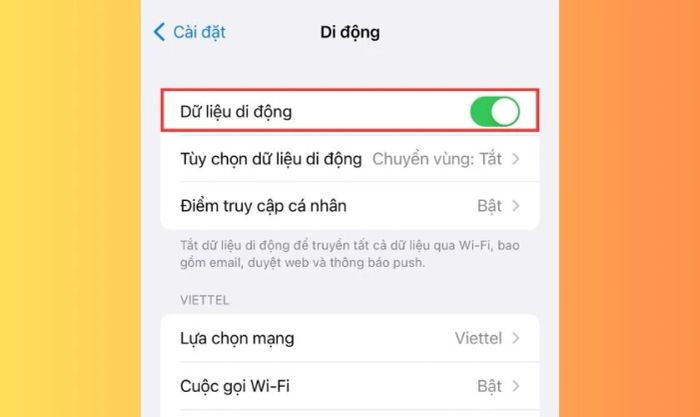 Bật công tắc xanh của mục Dữ liệu di động