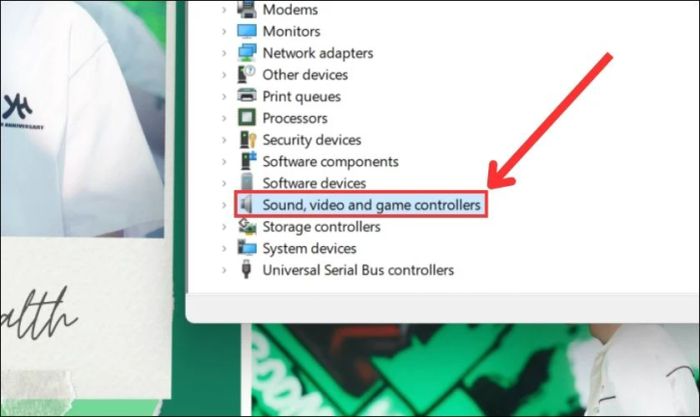 Chọn mục Sound, Video and game Controllers