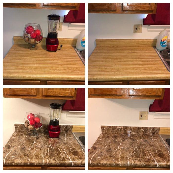 Reviewer photo showing their kitchen countertop before and after applying the faux granite contact paper, showcasing the transformation