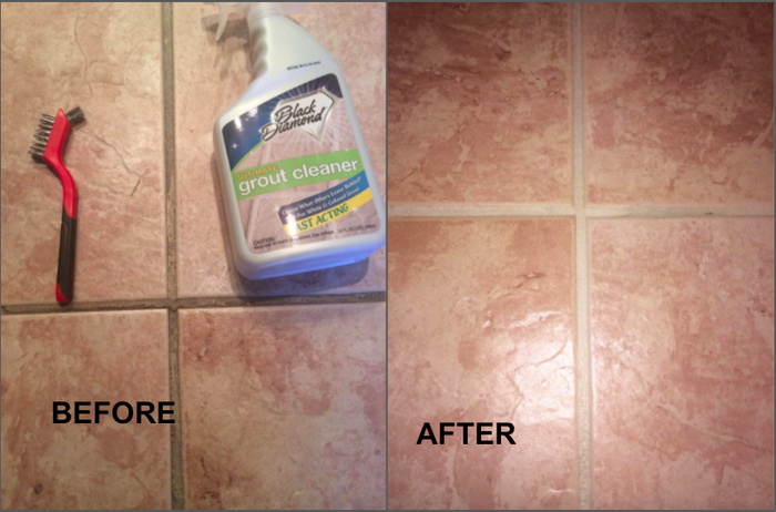 A customer review photo showing a side-by-side comparison of their tile grout before and after cleaning, demonstrating the effectiveness of the cleaner