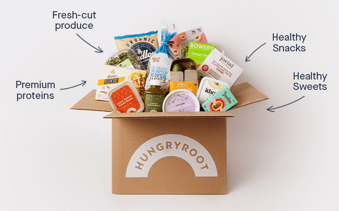 A box of fresh groceries from the Hungryroot delivery service.