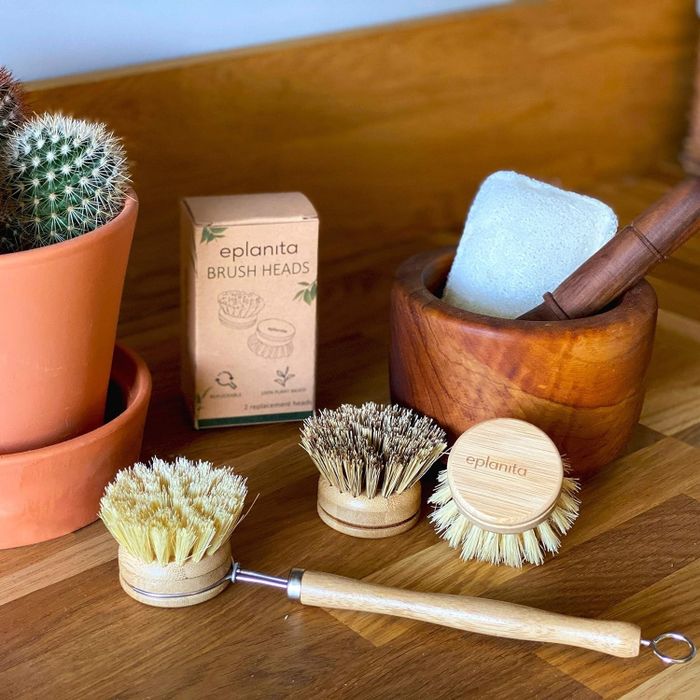An eco-friendly cleaning set featuring brush heads, a scrubbing brush, a potted cactus, and a wooden bowl with a pestle, arranged on a wooden counter.