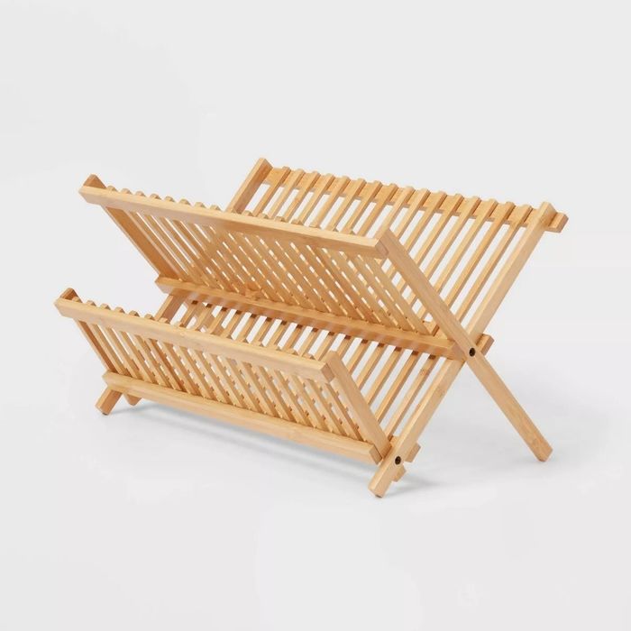 A close-up of the bamboo drying rack.
