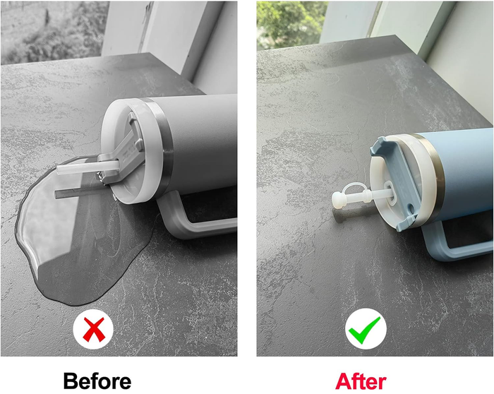 Two images show a liquid leaking from a cup before and after placing a spill stopper on it