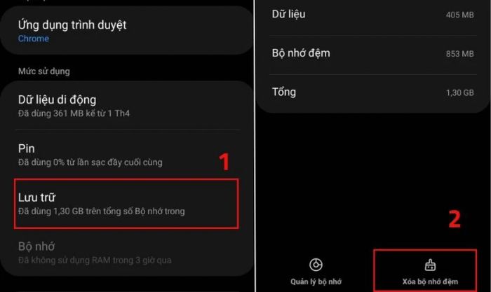 Nhấn vào nút để xóa bộ nhớ đệm.