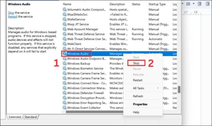 Nhấp chuột phải vào dịch vụ Windows Audio