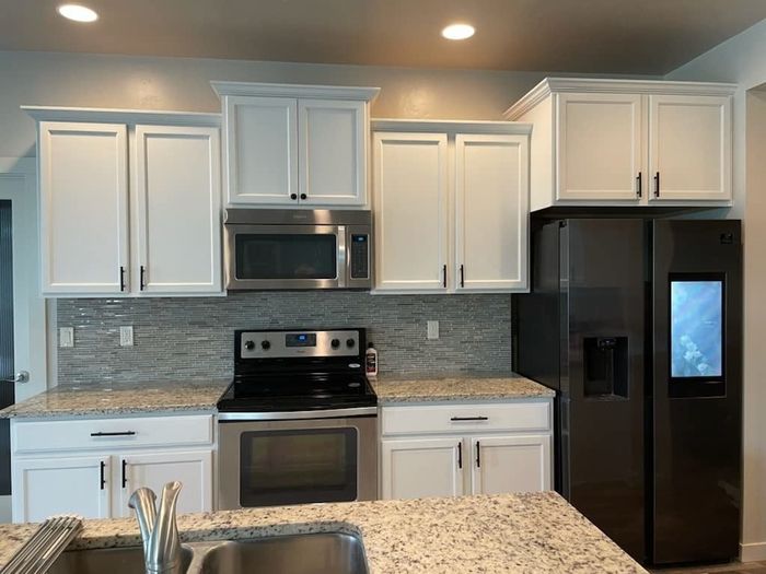 A reviewer's kitchen displaying the sleek black cabinet pulls