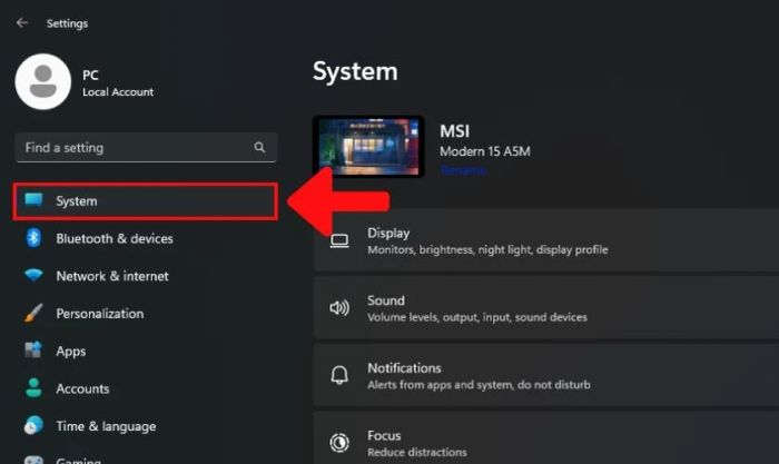 Chọn vào mục System
