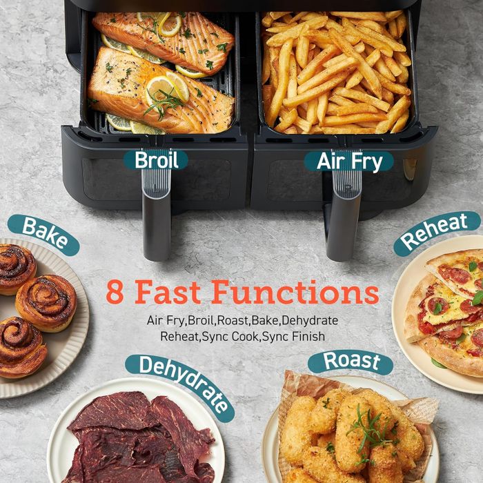 A dual-compartment air fryer with preset functions for Broil (salmon), Air Fry (fries), Bake (cinnamon rolls), Dehydrate (beef), Roast (chicken), and Reheat (pizza).