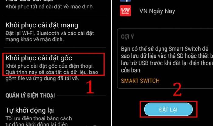 Chọn Khôi phục cài đặt gốc và nhấn Đặt lại