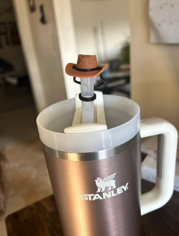 A brown cowboy hat straw topper sitting on a Stanley cup