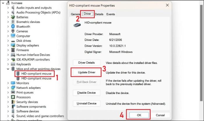 Di chuyển sang tab Driver và nhấn phím Tab một lần nữa để chọn lệnh Update driver