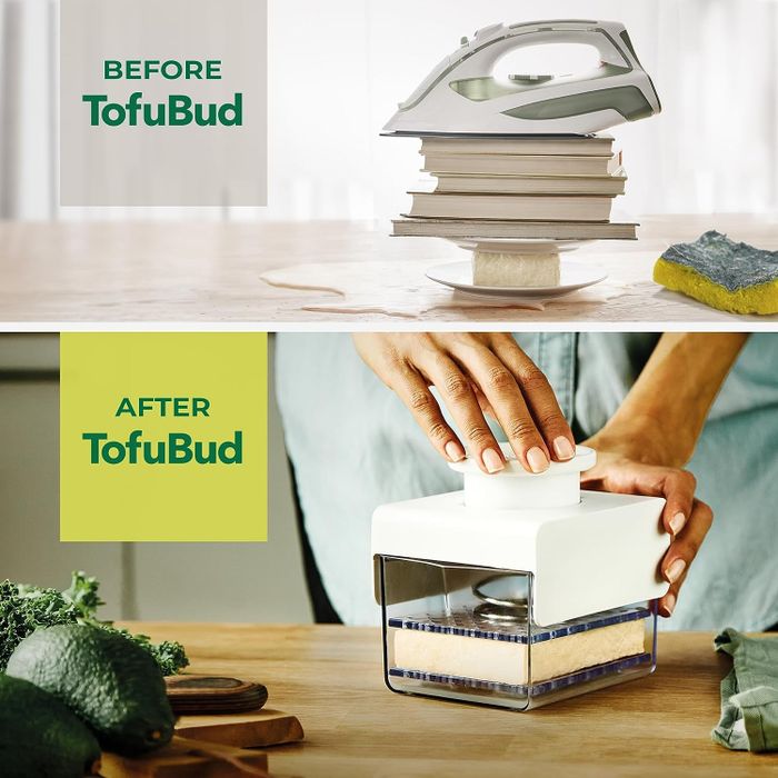 Before image showing a stack of books and an iron used to press tofu, causing a mess, and an after photo of a model using the tofu press for a cleaner, easier process