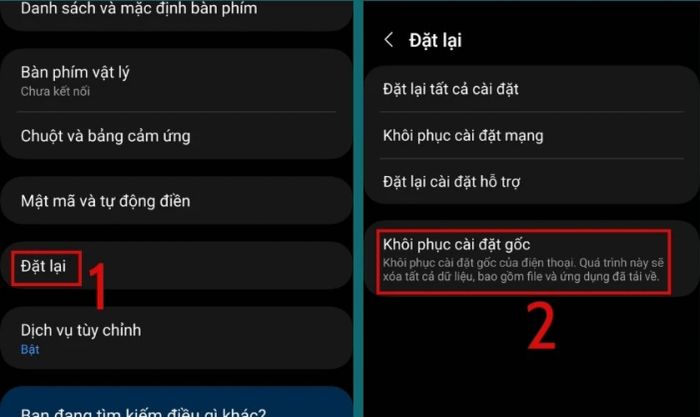Chọn mục Đặt lại và nhấn vào Khôi phục cài đặt gốc