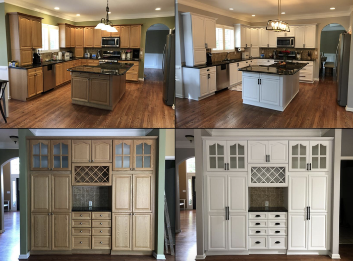 A before-and-after photo from a customer showing their wood cabinets painted white