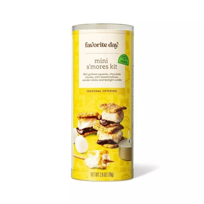 Favorite Day Mini S'mores Kit packaging featuring images of completed s'mores alongside ingredients like graham crackers, chocolate chunks, marshmallows, and toasting sticks