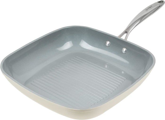 Square grill pan featuring a ridged cooking surface and a sleek silver handle