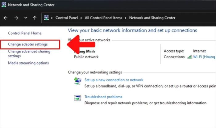 Giao diện của mục Change adapter settings