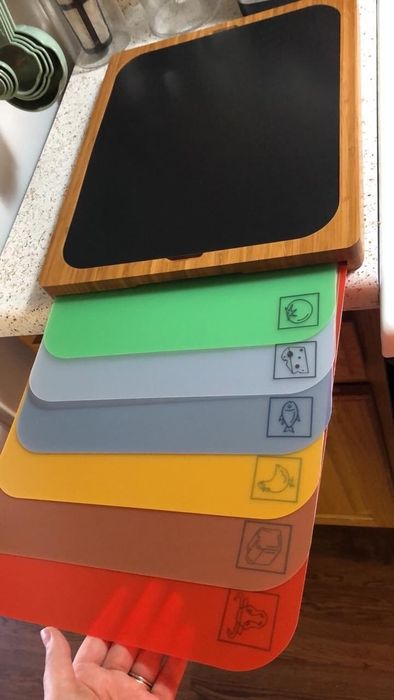A photo showing color-coded mats with different food icons (poultry, fish, vegetables, dairy, meat) being removed from a bamboo cutting board.