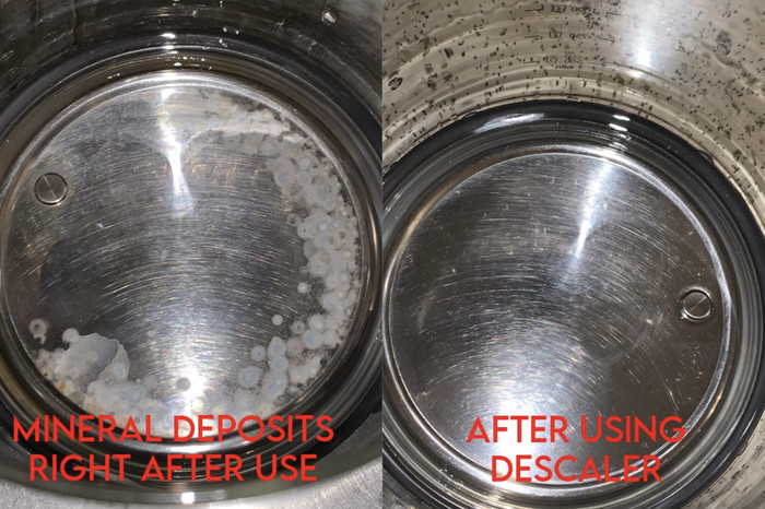 Before-and-after photo showing mineral deposits removed from an electric kettle.