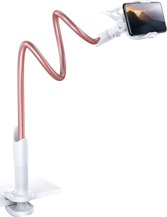 A gooseneck phone holder attached to a table, supporting a smartphone in horizontal view. Perfect for hands-free video watching or setting up a workspace.