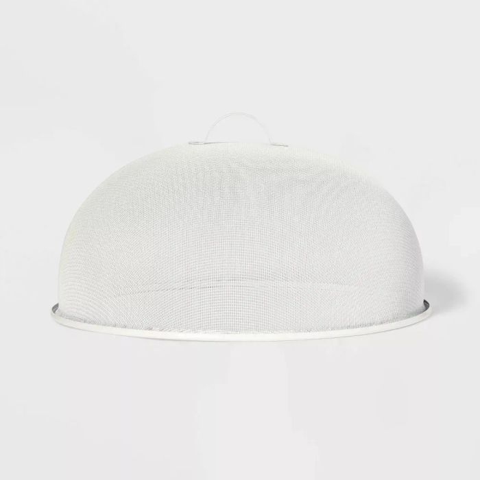 Round metal mesh food cover with a top handle, perfect for protecting food from bugs while allowing for airflow