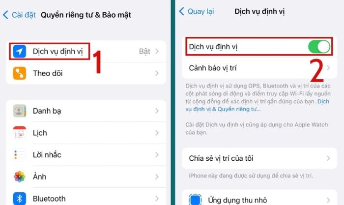 Nhấn vào thanh gạt của mục Dịch vụ định vị để tắt và bật lại