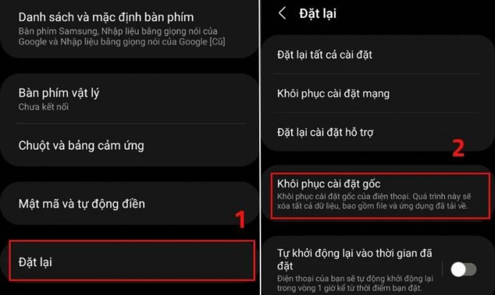 Chọn mục Đặt lại, tiếp theo chọn Khôi phục cài đặt gốc để tiếp tục.