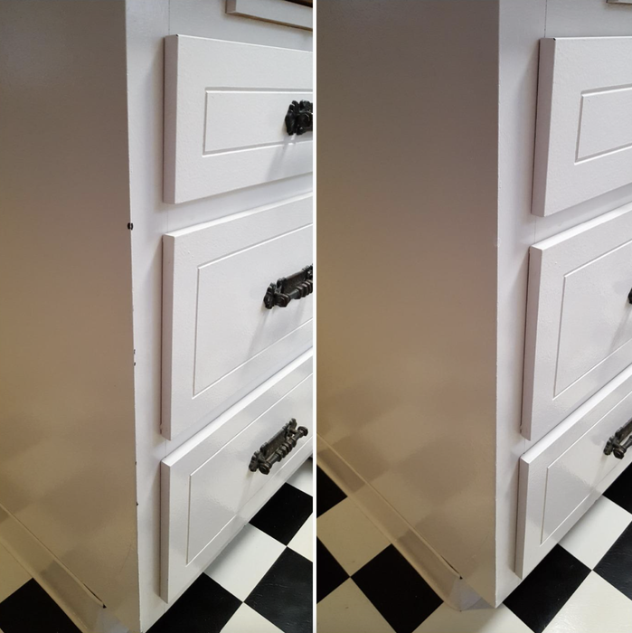 A review photo showing a chipped wall before applying the touch-up paint, followed by a fully restored wall after using the product