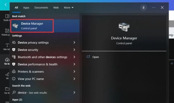 Tìm và mở Device Manager