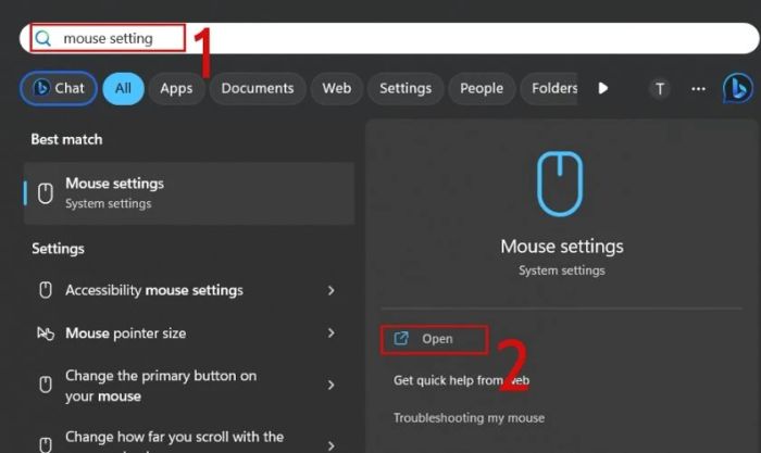 Tìm kiếm Mouse setting trên thanh tìm kiếm