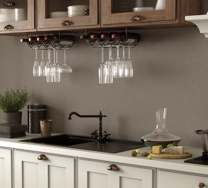 A photo of the wine rack installed beneath kitchen cabinets
