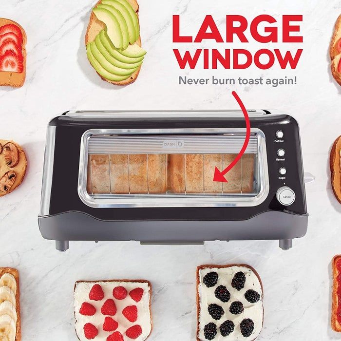 The toaster in black with a message that reads