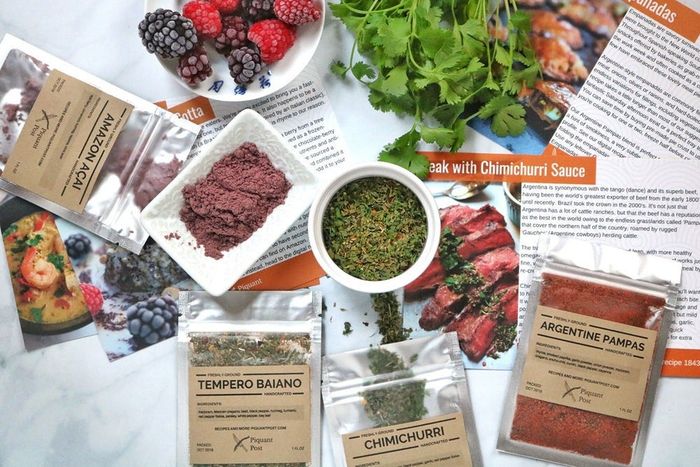 A variety of spice packets, bowls filled with spices, fresh cilantro, and recipe cards set up for preparing a steak with chimichurri sauce