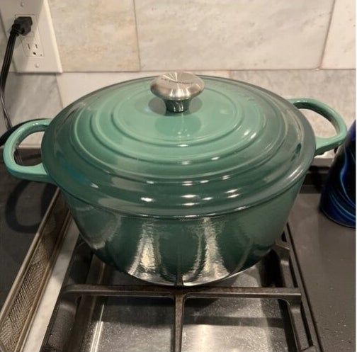 Enamel-coated cast iron Dutch oven on a stovetop, no people visible