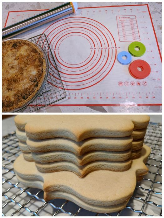 An image showcasing the mat, rolling pin, and discs, along with a pie and cut-out cookies, all with uniform thickness.