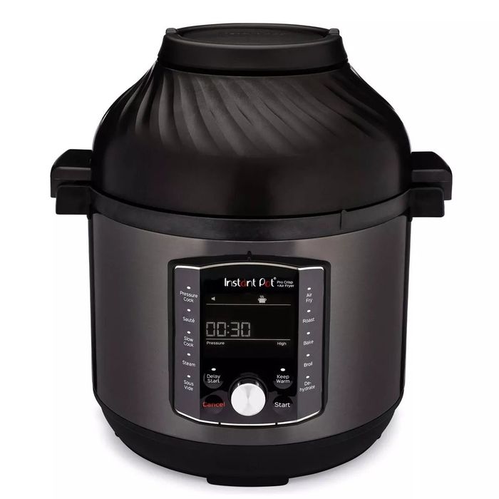 An Instant Pot Duo Crisp, featuring an electric pressure cooker with an air fryer lid, displayed against a white backdrop