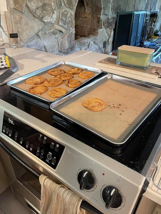 Freshly baked cookies on two trays with the oven door open, and the kitchen interior in the background.