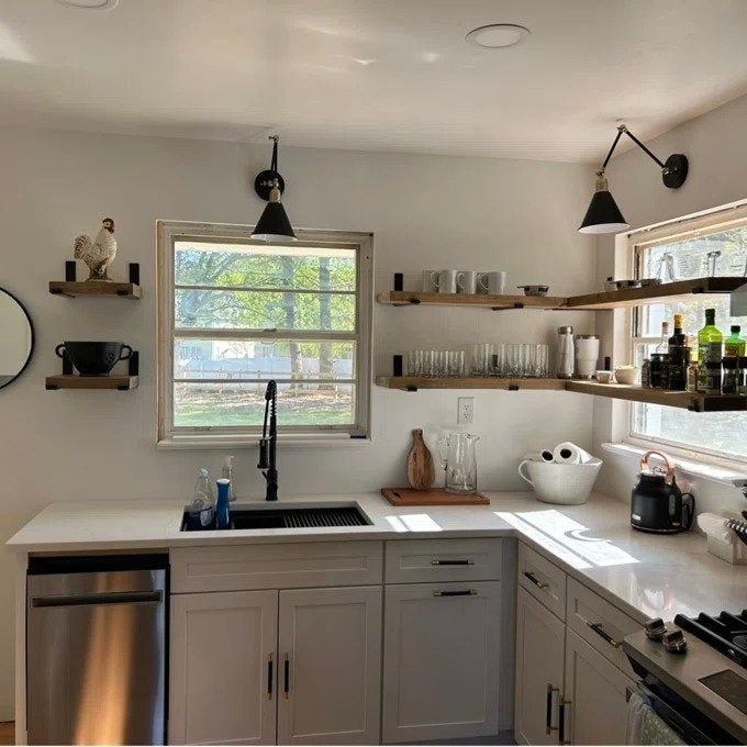 A review photo showing the shelves arranged in an L-shape in a kitchen area