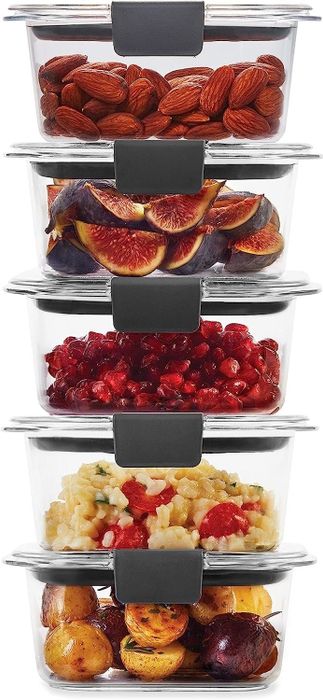 A stack of 10 clear containers, each filled with different types of food.
