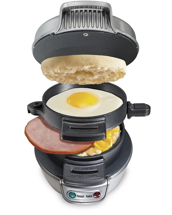 The sandwich maker, showing all of its parts.