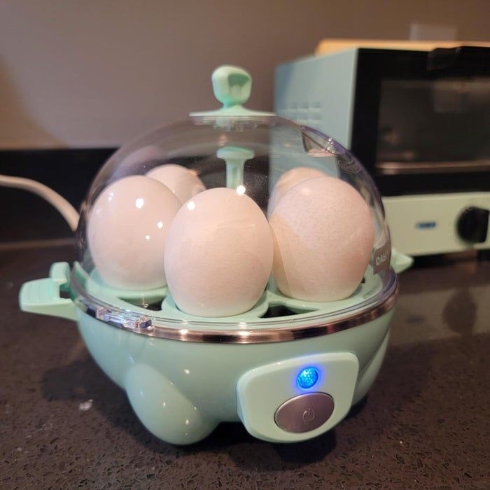 An egg cooker containing four eggs, placed neatly on a kitchen countertop