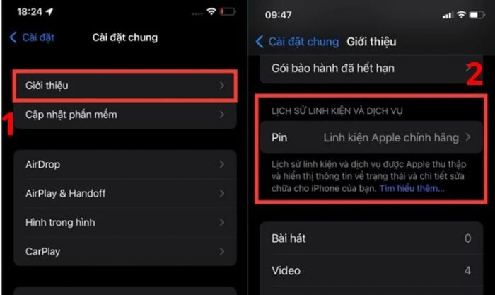 Kiểm tra kết quả pin tại mục Linh kiện và Lịch sử dịch vụ