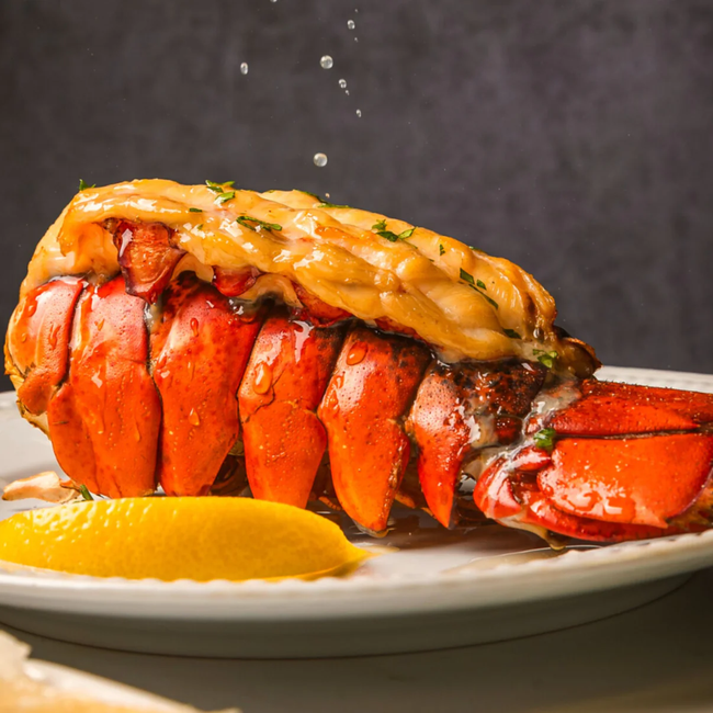 A lobster tail, dripping with melted butter, garnished with herbs and lemon slices on a white plate. A few drops of butter fall delicately onto the lobster.