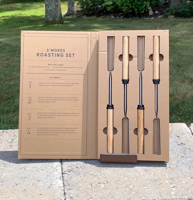 The box containing four premium marshmallow roasting sticks