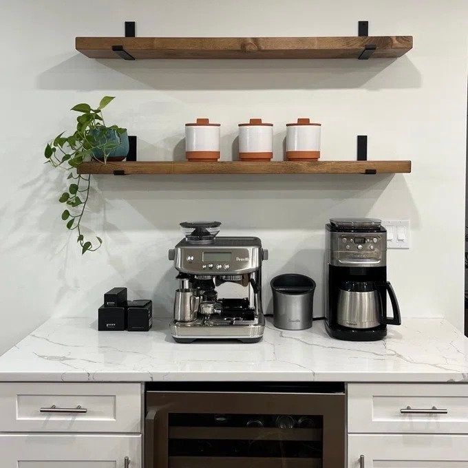 A review photo showing the shelves installed above a coffee bar