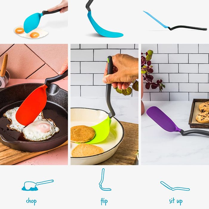 The tool is available in red, green, and purple, and is perfect for cutting fried eggs, flipping pancakes, and more.