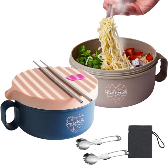 a microwave ramen bowl filled with noodles and vegetables