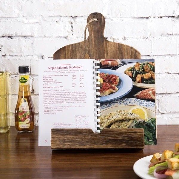 The cookbook holder displaying an open recipe book
