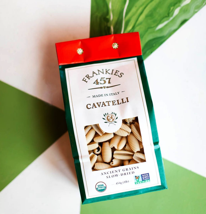 A bag of Frankies 457 Cavatelli pasta, made in Italy from ancient grains and slow-dried for optimal flavor.